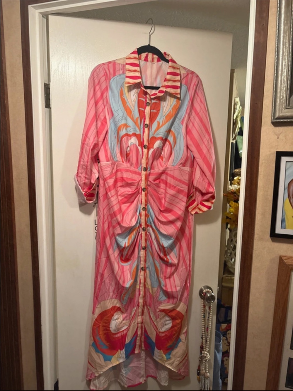 Pink Patterned Button-Front Women's Dress